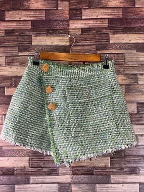 EUC Self-Portrait Green Tweed Mini Skort with Blue Accent Size 4